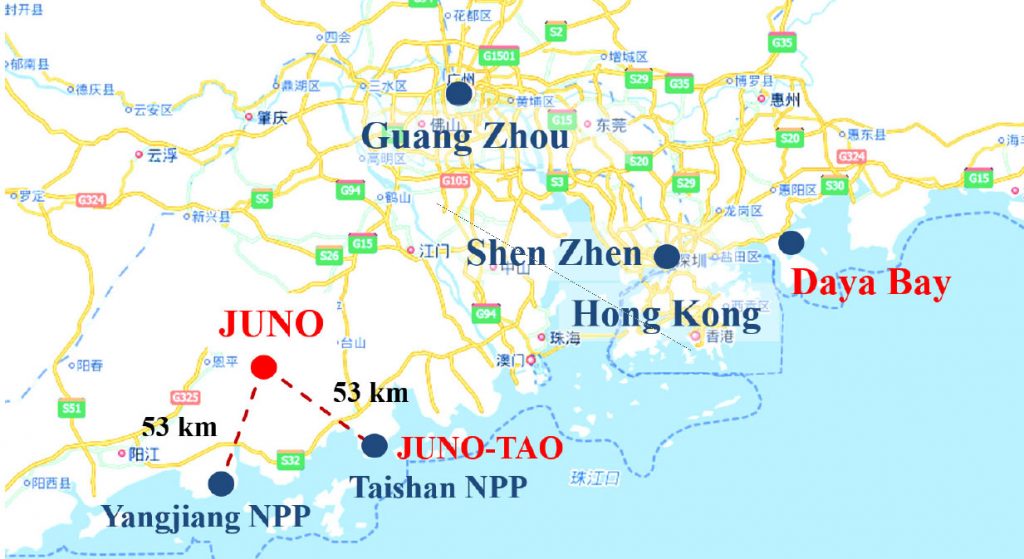 Localisation de l’observatoire JUNO en Chine à équidistance des centrales nucléaires de Yangjiang et Taishan.